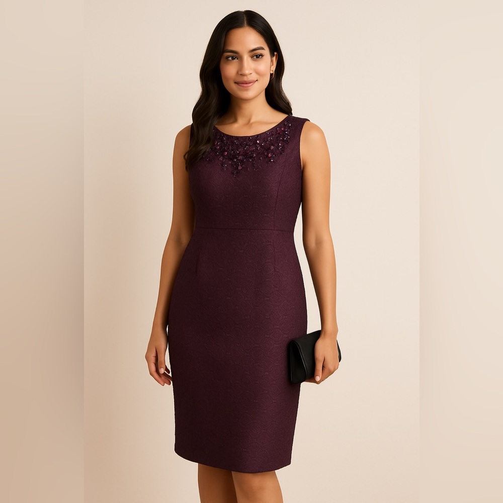 Tahari Sleeveless Beaded Midi Dress in Plum